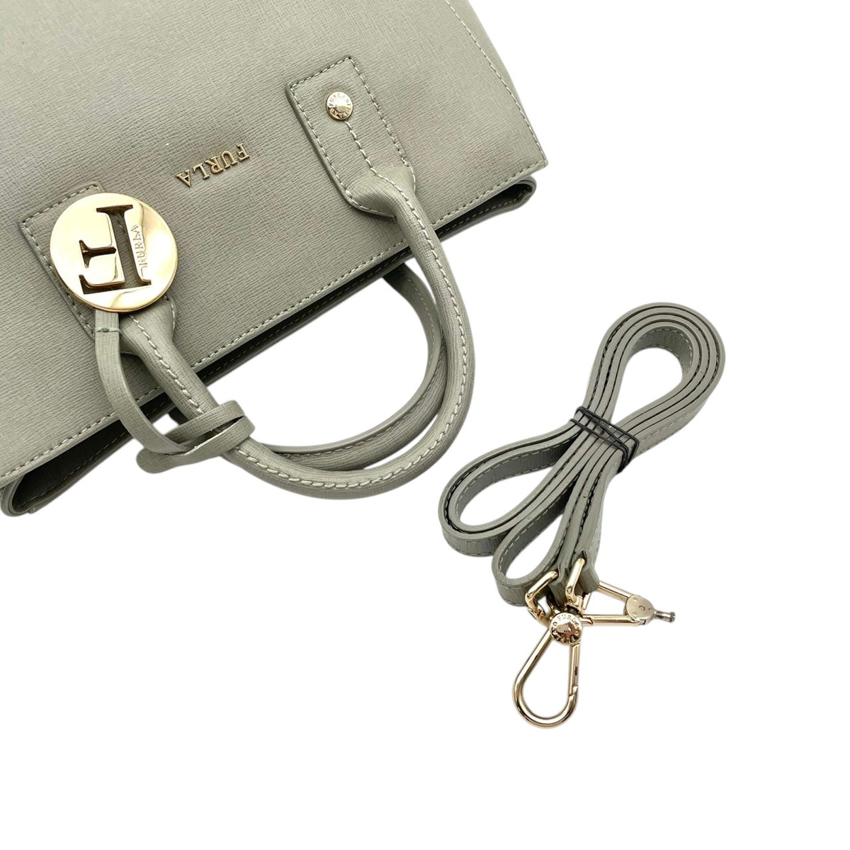 美品 FURLA フルラ LINDA リンダ 2way ハンドバッグ ショルダーバッグ グリーングレー レザー ゴールド金具 ロゴチャーム ミニトート 斜め掛け クロスボディ サイドスナップ レディース S22