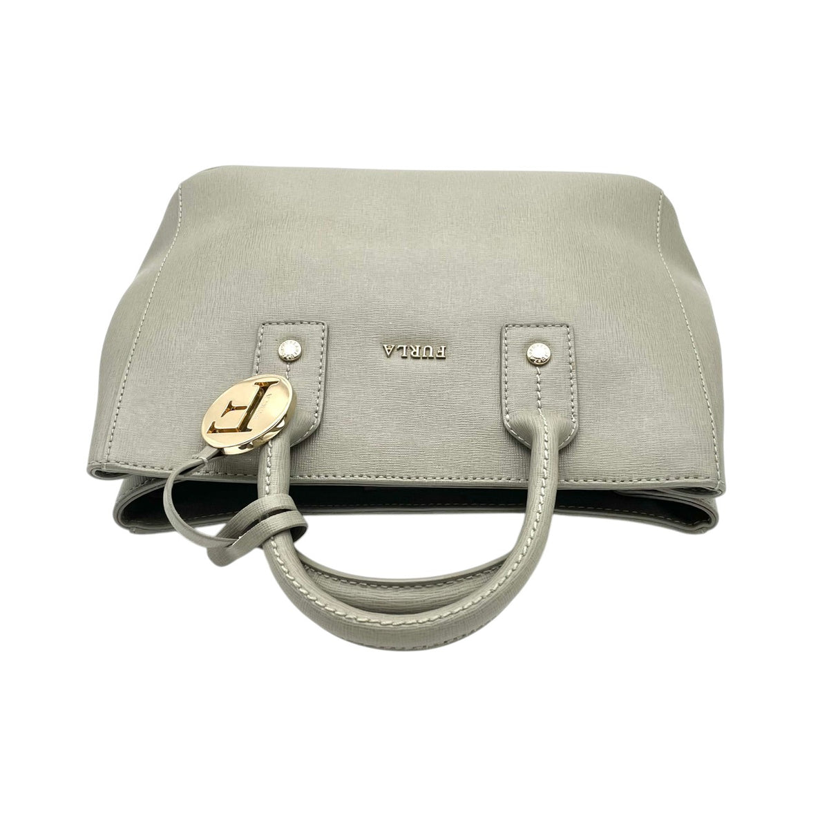 美品 FURLA フルラ LINDA リンダ 2way ハンドバッグ ショルダーバッグ グリーングレー レザー ゴールド金具 ロゴチャーム ミニトート 斜め掛け クロスボディ サイドスナップ レディース S22