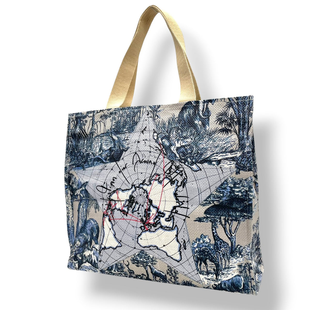 美品 Christian Dior クリスチャンディオール Around the World トートバッグ ノベルティ 非売品 プラチナ会員 バースデーギフト ライトブルー トワルドゥジュイ 地図 アニマル 総柄 肩掛け ペーパーストロー レディース S22