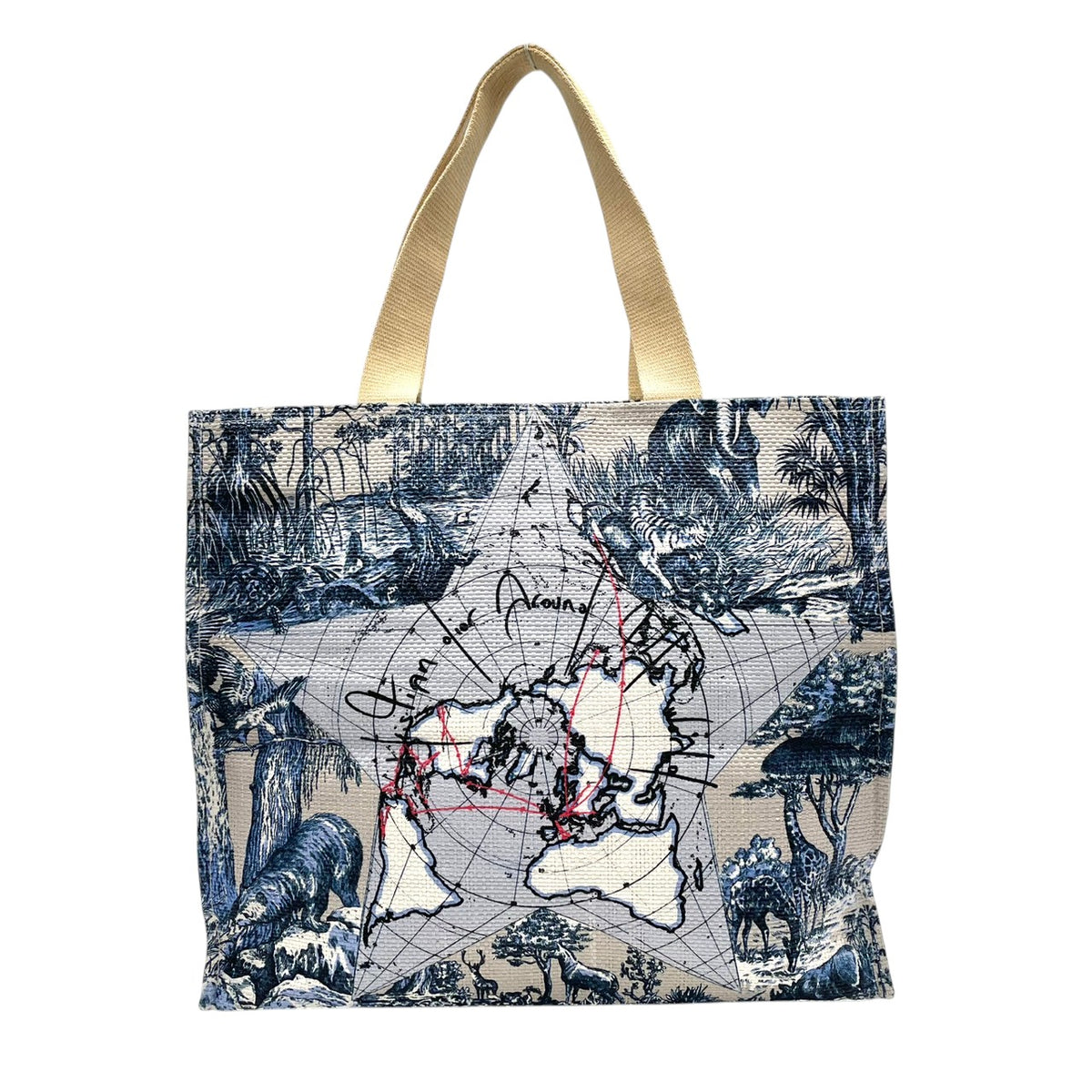 美品 Christian Dior クリスチャンディオール Around the World トートバッグ ノベルティ 非売品 プラチナ会員 バースデーギフト ライトブルー トワルドゥジュイ 地図 アニマル 総柄 肩掛け ペーパーストロー レディース S22