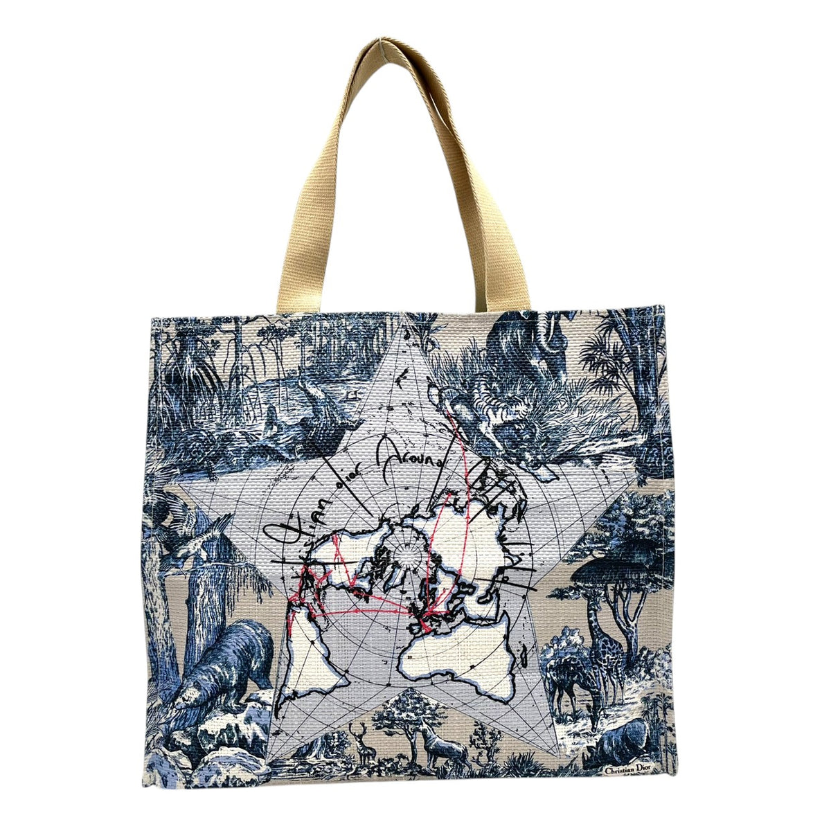 美品 Christian Dior クリスチャンディオール Around the World トートバッグ ノベルティ 非売品 プラチナ会員 バースデーギフト ライトブルー トワルドゥジュイ 地図 アニマル 総柄 肩掛け ペーパーストロー レディース S22