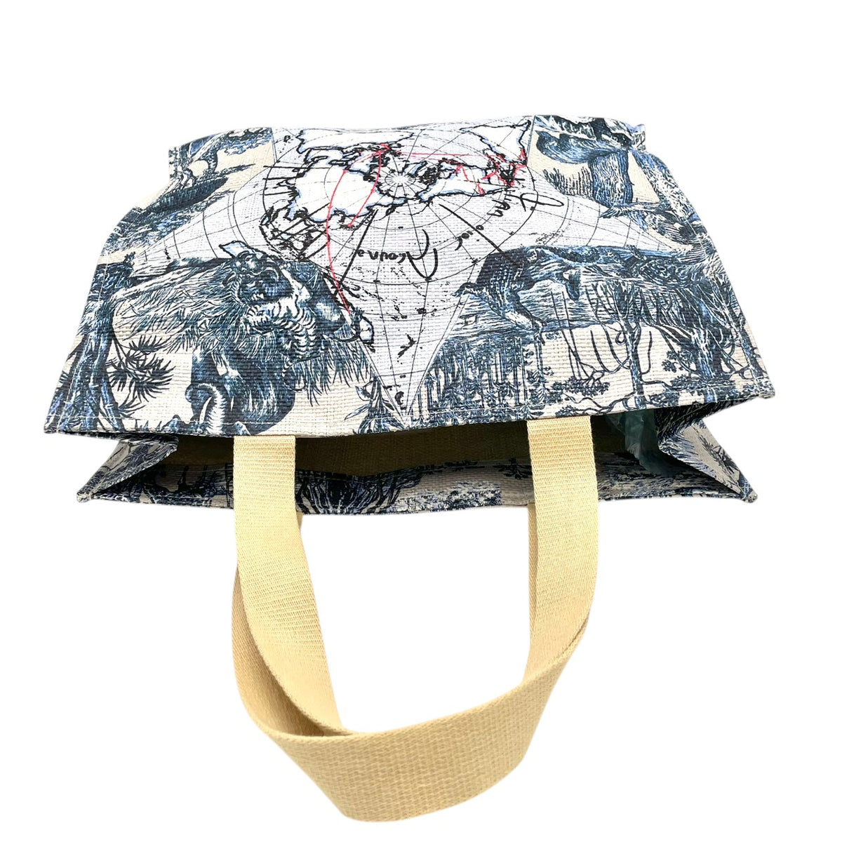美品 Christian Dior クリスチャンディオール Around the World トートバッグ ノベルティ 非売品 プラチナ会員 バースデーギフト ライトブルー トワルドゥジュイ 地図 アニマル 総柄 肩掛け ペーパーストロー レディース S22