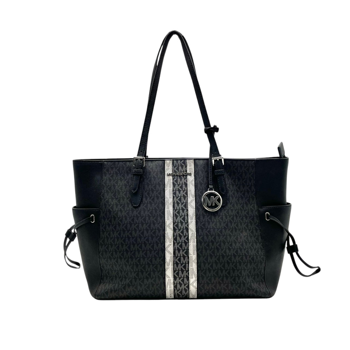 良品 MICHAEL KORS マイケルコース 35F2S2GT7B Gilly ギリー ラージ トートバッグ ブラック シグネチャー PVC レザー ストライプ ドローストリング トップジップ MKロゴ チャーム シルバー金具 肩掛け レディース S22