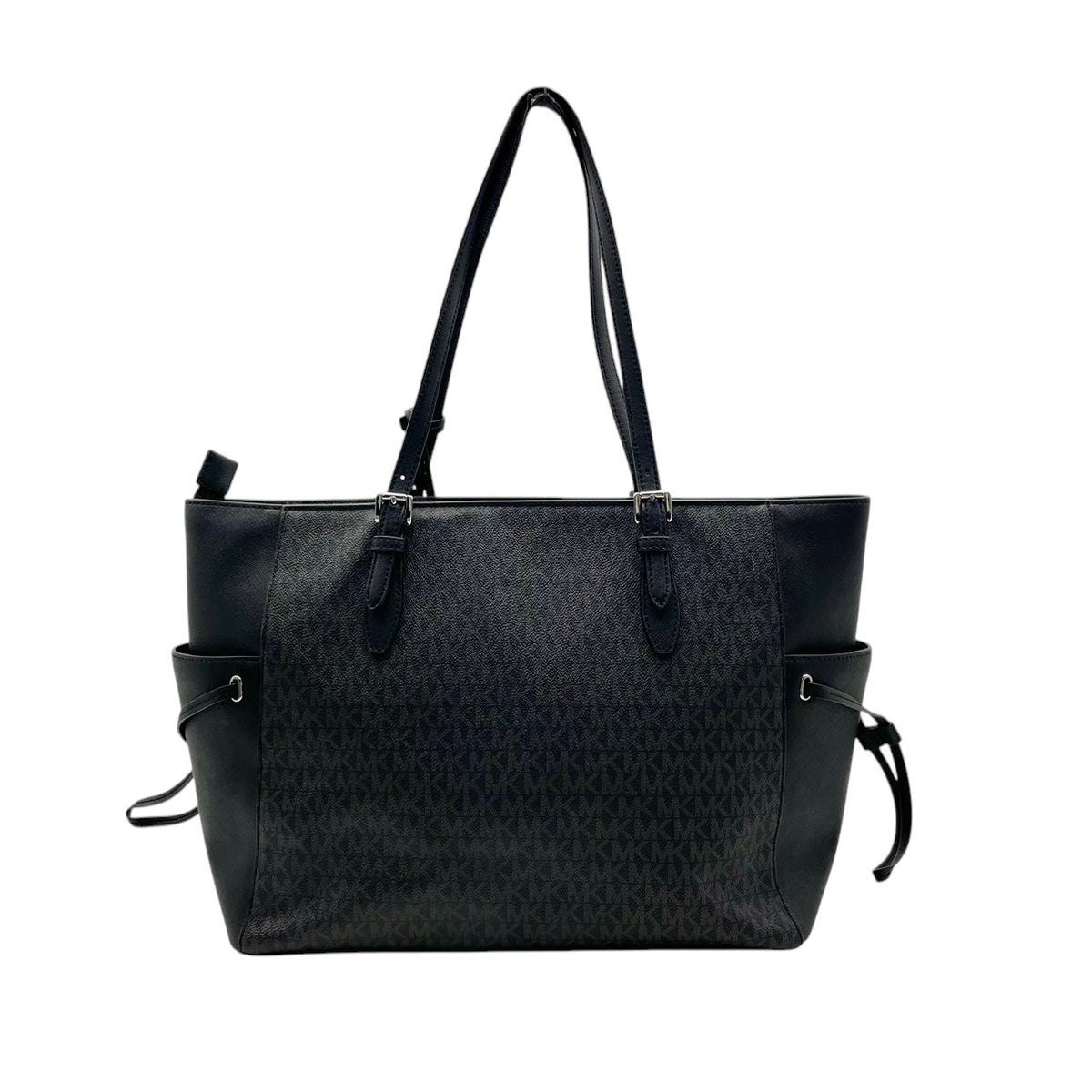 良品 MICHAEL KORS マイケルコース 35F2S2GT7B Gilly ギリー ラージ トートバッグ ブラック シグネチャー PVC レザー ストライプ ドローストリング トップジップ MKロゴ チャーム シルバー金具 肩掛け レディース S22