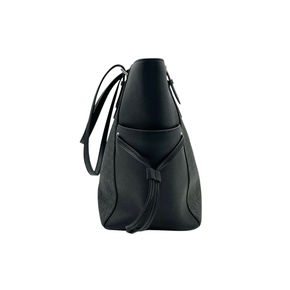 良品 MICHAEL KORS マイケルコース 35F2S2GT7B Gilly ギリー ラージ トートバッグ ブラック シグネチャー PVC レザー ストライプ ドローストリング トップジップ MKロゴ チャーム シルバー金具 肩掛け レディース S22