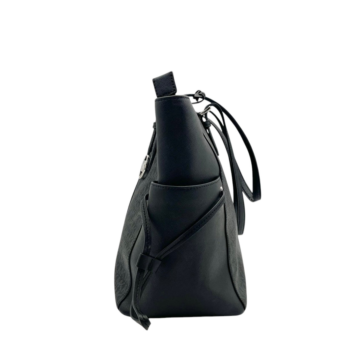 良品 MICHAEL KORS マイケルコース 35F2S2GT7B Gilly ギリー ラージ トートバッグ ブラック シグネチャー PVC レザー ストライプ ドローストリング トップジップ MKロゴ チャーム シルバー金具 肩掛け レディース S22