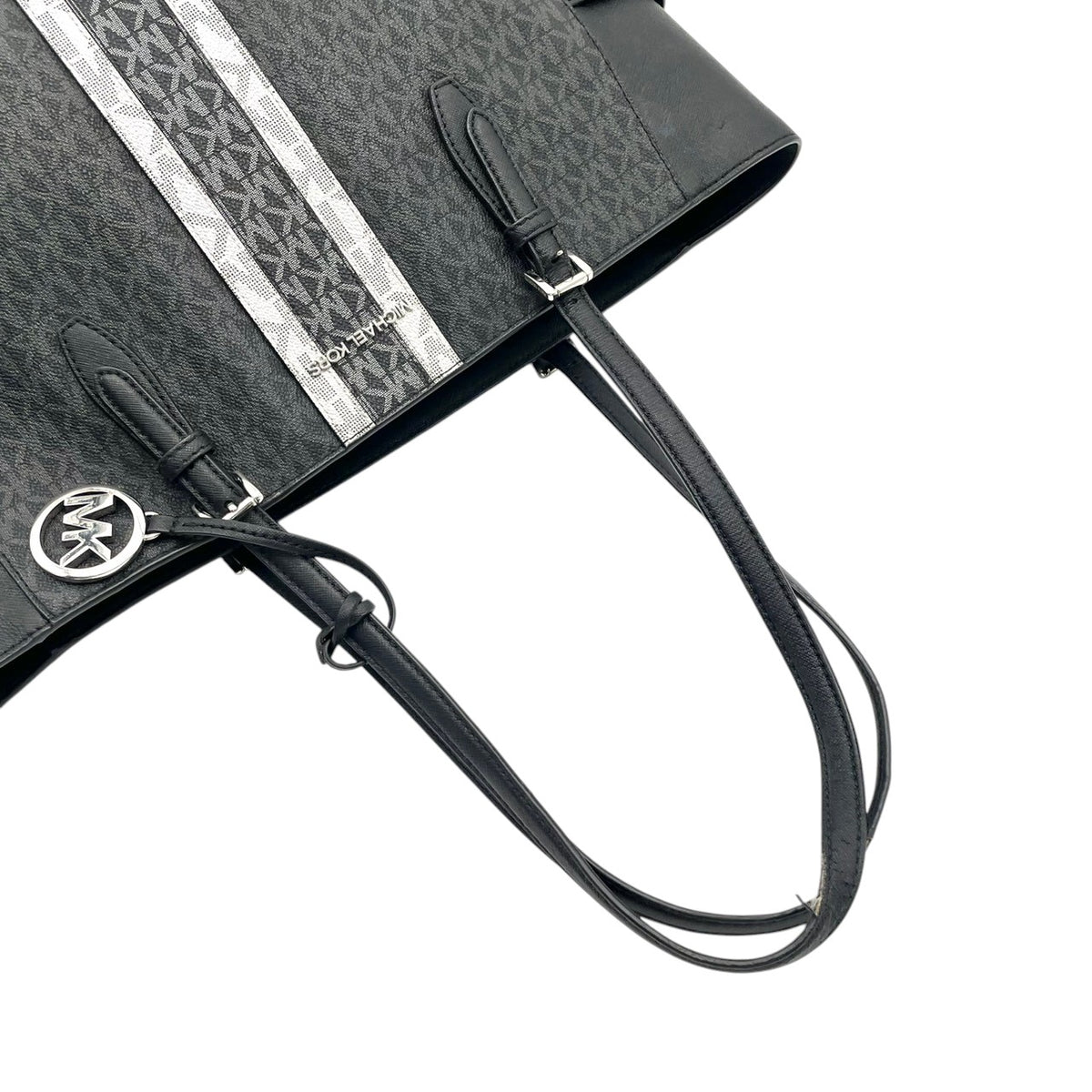 良品 MICHAEL KORS マイケルコース 35F2S2GT7B Gilly ギリー ラージ トートバッグ ブラック シグネチャー PVC レザー ストライプ ドローストリング トップジップ MKロゴ チャーム シルバー金具 肩掛け レディース S22