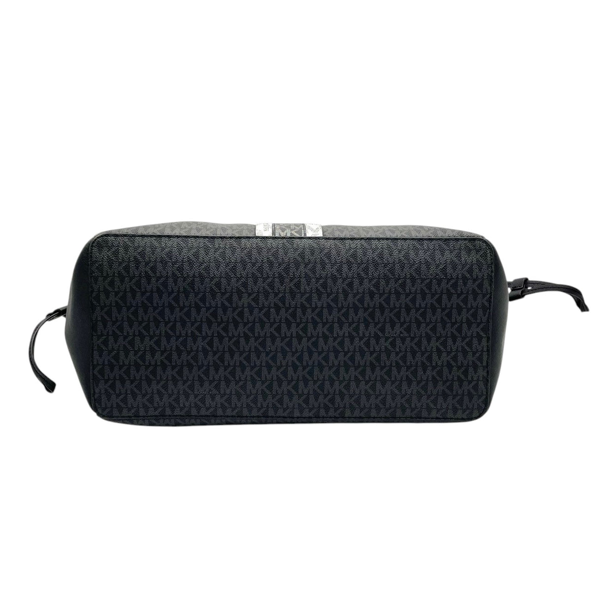 良品 MICHAEL KORS マイケルコース 35F2S2GT7B Gilly ギリー ラージ トートバッグ ブラック シグネチャー PVC レザー ストライプ ドローストリング トップジップ MKロゴ チャーム シルバー金具 肩掛け レディース S22
