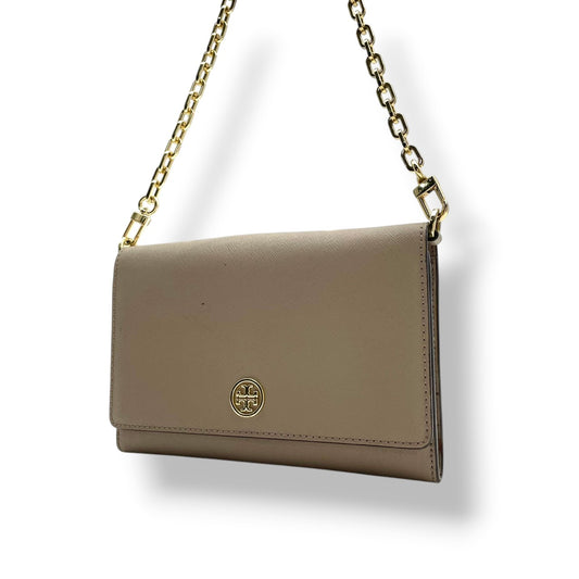 良品 TORY BURCH トリーバーチ Robinson ロビンソン チェーンウォレット ショルダーバッグ グレージュ サフィアーノレザー ゴールド金具 チェーンショルダー 斜め掛け 長財布 ロゴ フラップ お財布 レディース S22