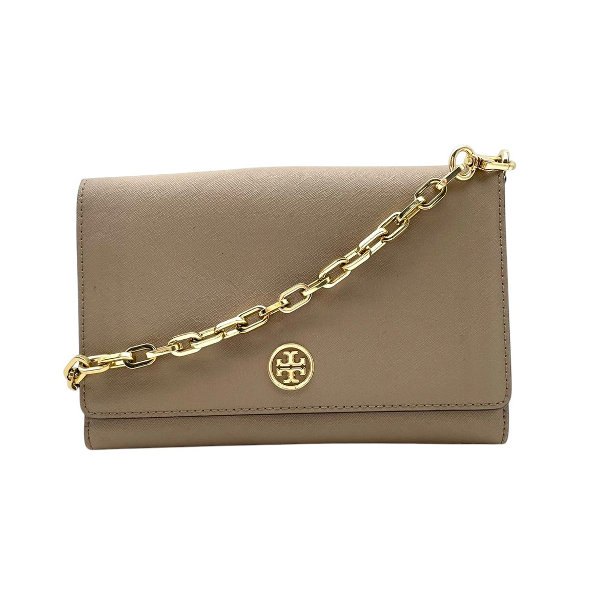 良品 TORY BURCH トリーバーチ Robinson ロビンソン チェーンウォレット ショルダーバッグ グレージュ サフィアーノレザー ゴールド金具 チェーンショルダー 斜め掛け 長財布 ロゴ フラップ お財布 レディース S22