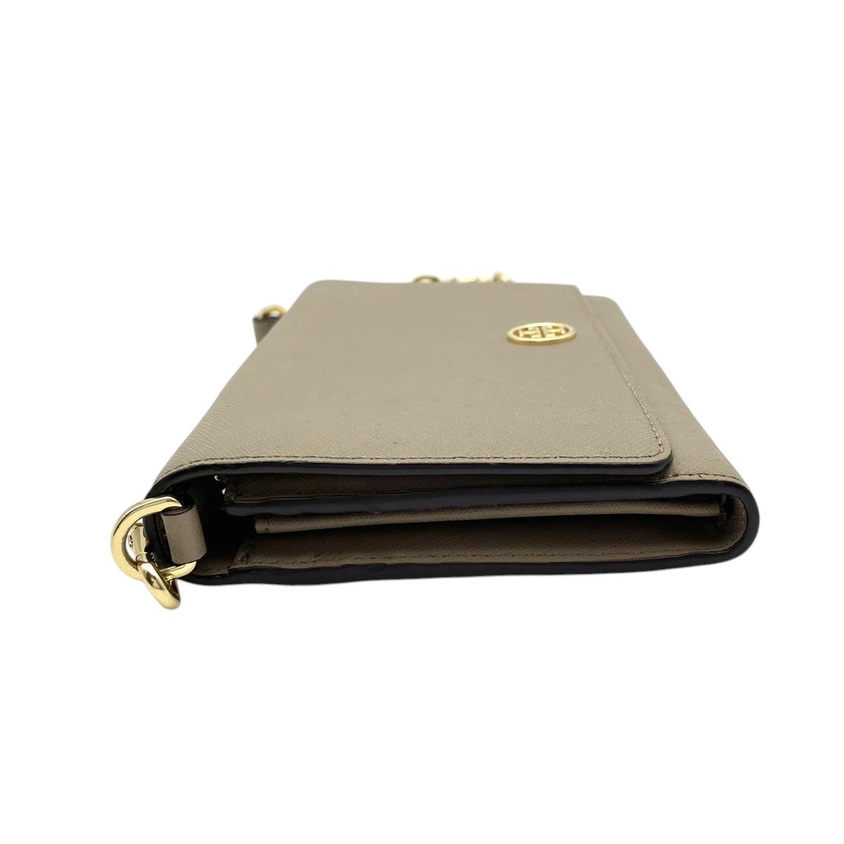 良品 TORY BURCH トリーバーチ Robinson ロビンソン チェーンウォレット ショルダーバッグ グレージュ サフィアーノレザー ゴールド金具 チェーンショルダー 斜め掛け 長財布 ロゴ フラップ お財布 レディース S22