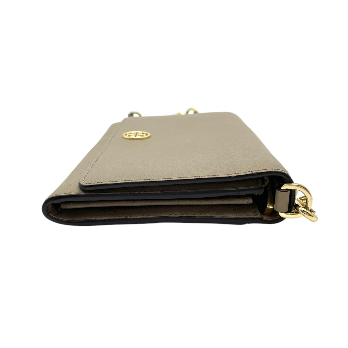 良品 TORY BURCH トリーバーチ Robinson ロビンソン チェーンウォレット ショルダーバッグ グレージュ サフィアーノレザー ゴールド金具 チェーンショルダー 斜め掛け 長財布 ロゴ フラップ お財布 レディース S22