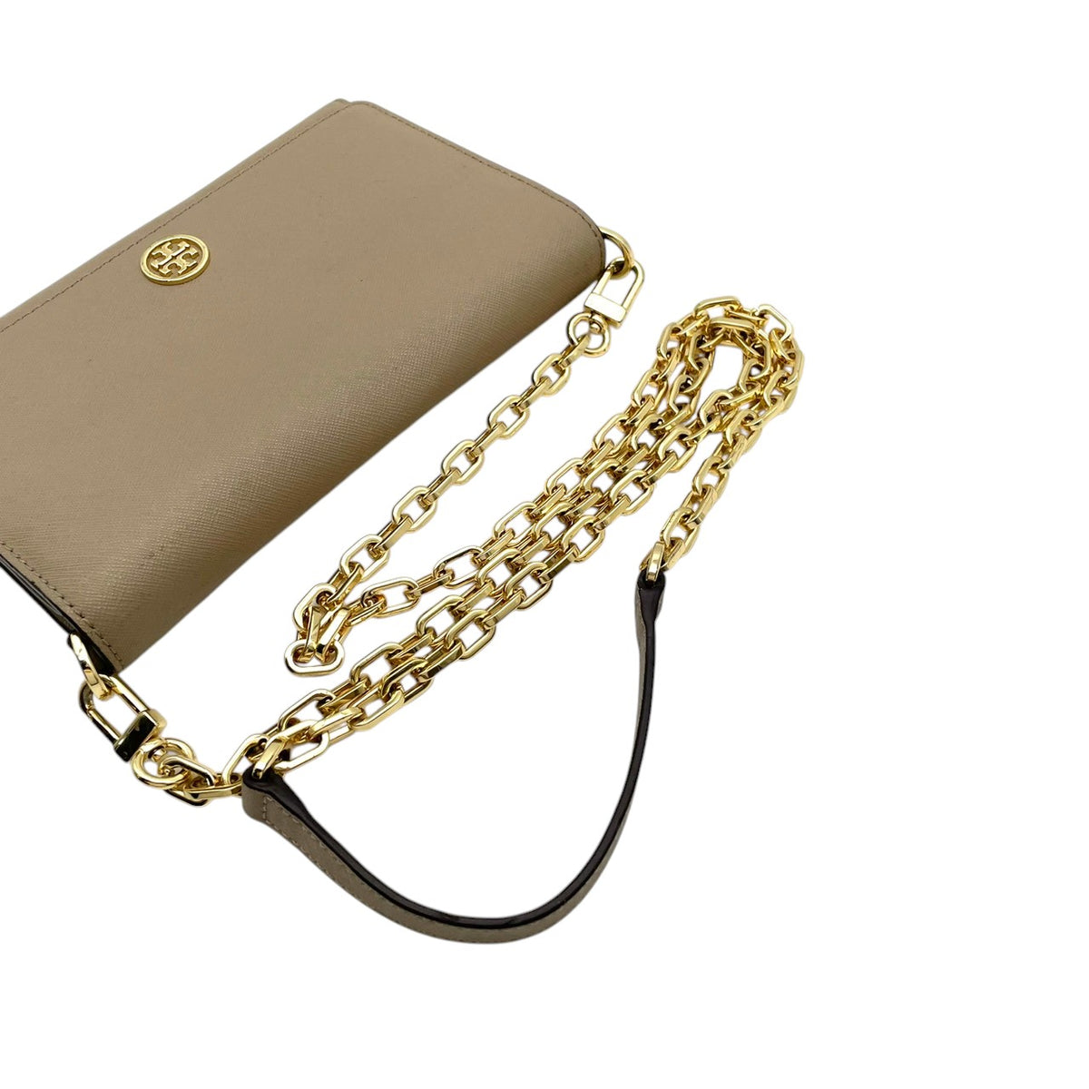 良品 TORY BURCH トリーバーチ Robinson ロビンソン チェーンウォレット ショルダーバッグ グレージュ サフィアーノレザー ゴールド金具 チェーンショルダー 斜め掛け 長財布 ロゴ フラップ お財布 レディース S22