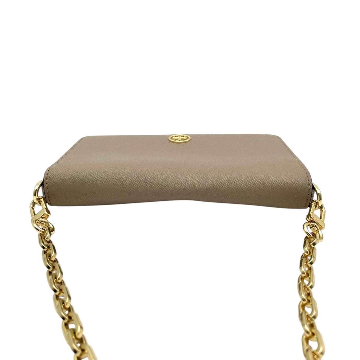 良品 TORY BURCH トリーバーチ Robinson ロビンソン チェーンウォレット ショルダーバッグ グレージュ サフィアーノレザー ゴールド金具 チェーンショルダー 斜め掛け 長財布 ロゴ フラップ お財布 レディース S22