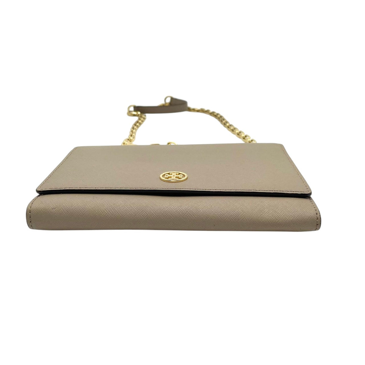 良品 TORY BURCH トリーバーチ Robinson ロビンソン チェーンウォレット ショルダーバッグ グレージュ サフィアーノレザー ゴールド金具 チェーンショルダー 斜め掛け 長財布 ロゴ フラップ お財布 レディース S22