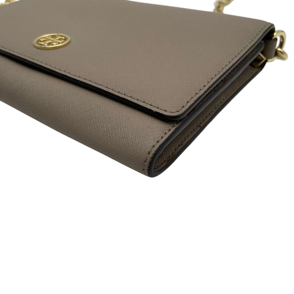 良品 TORY BURCH トリーバーチ Robinson ロビンソン チェーンウォレット ショルダーバッグ グレージュ サフィアーノレザー ゴールド金具 チェーンショルダー 斜め掛け 長財布 ロゴ フラップ お財布 レディース S22