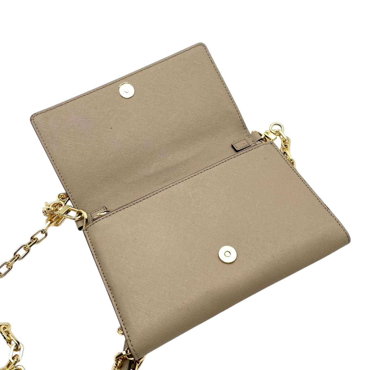 良品 TORY BURCH トリーバーチ Robinson ロビンソン チェーンウォレット ショルダーバッグ グレージュ サフィアーノレザー ゴールド金具 チェーンショルダー 斜め掛け 長財布 ロゴ フラップ お財布 レディース S22