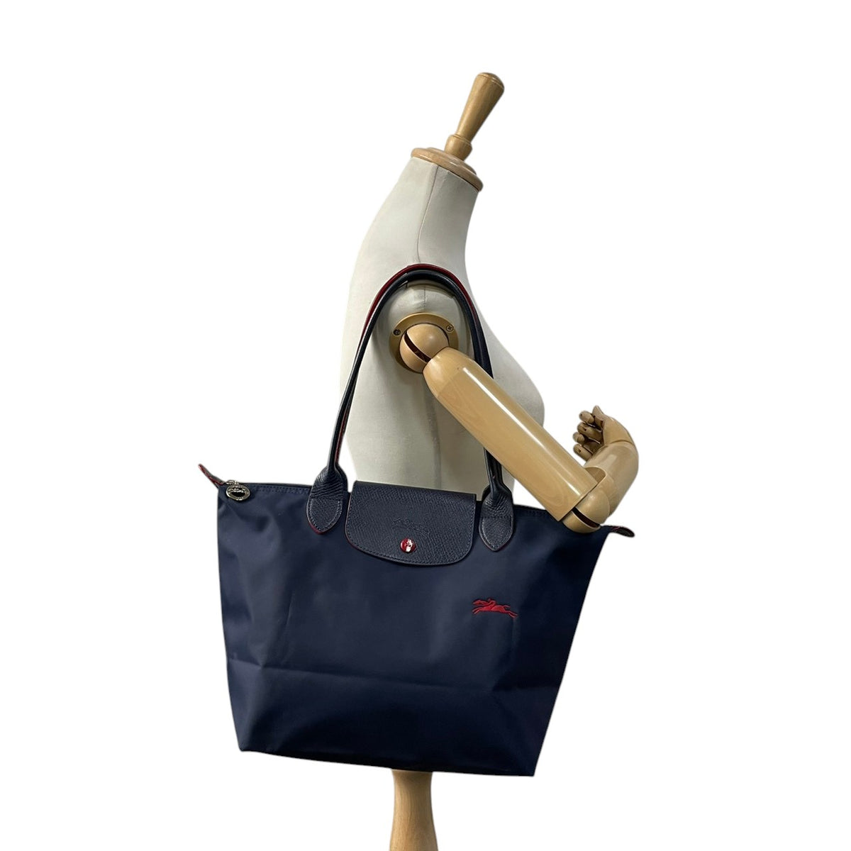良品 LONGCHAMP ロンシャン LE PLIAGE CLUB ル プリアージュ クラブ トートバッグ ネイビー ナイロン レザー レッド ホース刺繍 ロゴ 肩掛け ロングハンドル ファスナー 折りたたみ レディース S10