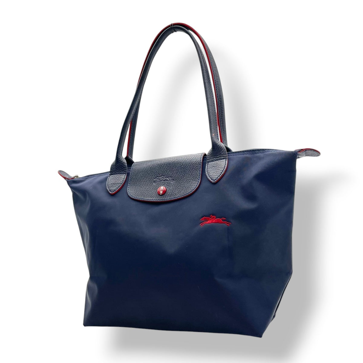 良品 LONGCHAMP ロンシャン LE PLIAGE CLUB ル プリアージュ クラブ トートバッグ ネイビー ナイロン レザー レッド ホース刺繍 ロゴ 肩掛け ロングハンドル ファスナー 折りたたみ レディース S10