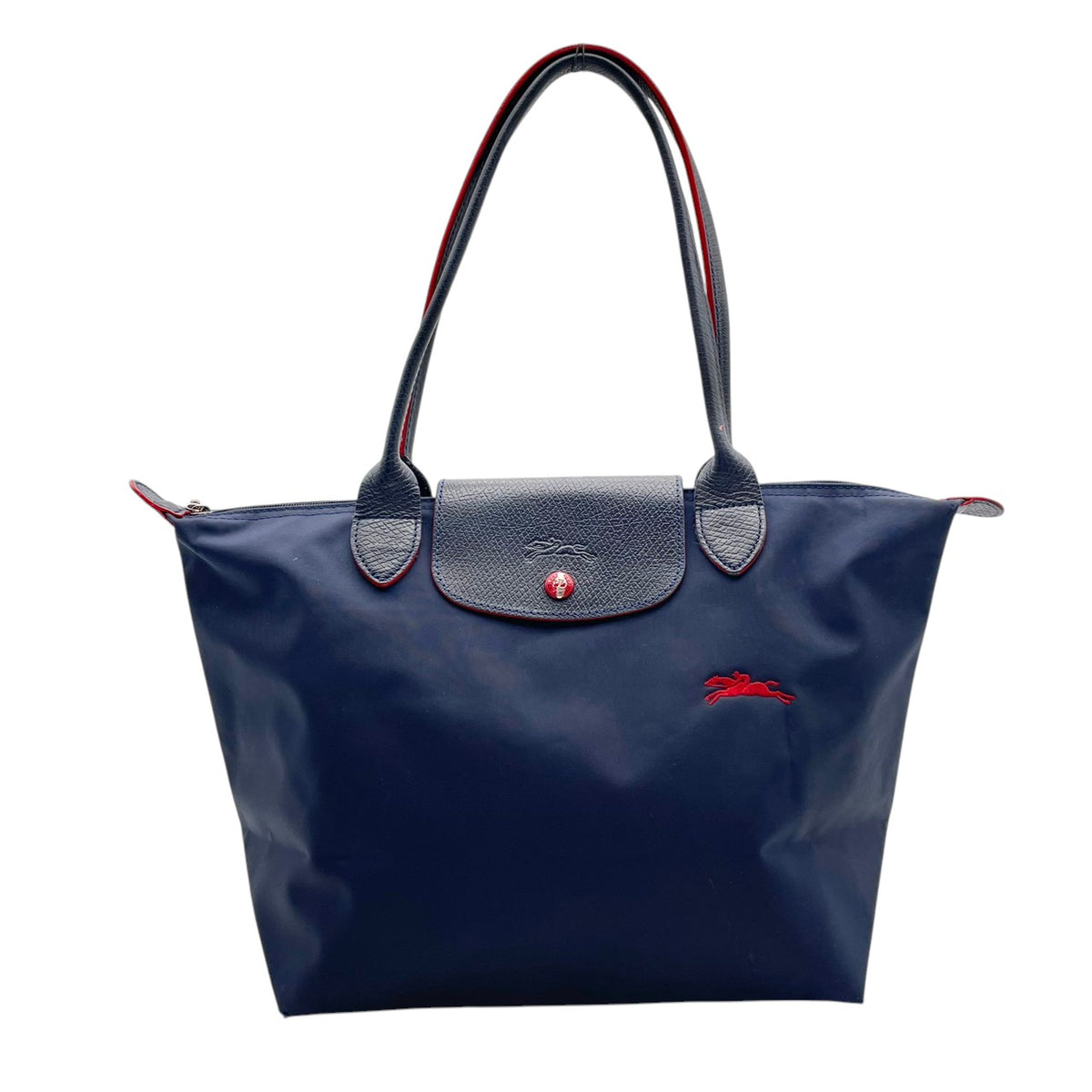 良品 LONGCHAMP ロンシャン LE PLIAGE CLUB ル プリアージュ クラブ トートバッグ ネイビー ナイロン レザー レッド ホース刺繍 ロゴ 肩掛け ロングハンドル ファスナー 折りたたみ レディース S10