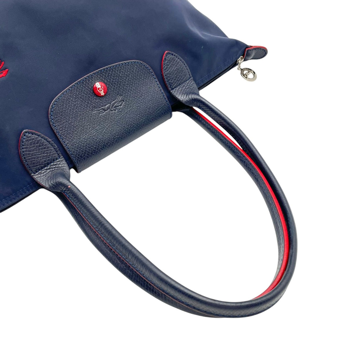良品 LONGCHAMP ロンシャン LE PLIAGE CLUB ル プリアージュ クラブ トートバッグ ネイビー ナイロン レザー レッド ホース刺繍 ロゴ 肩掛け ロングハンドル ファスナー 折りたたみ レディース S10