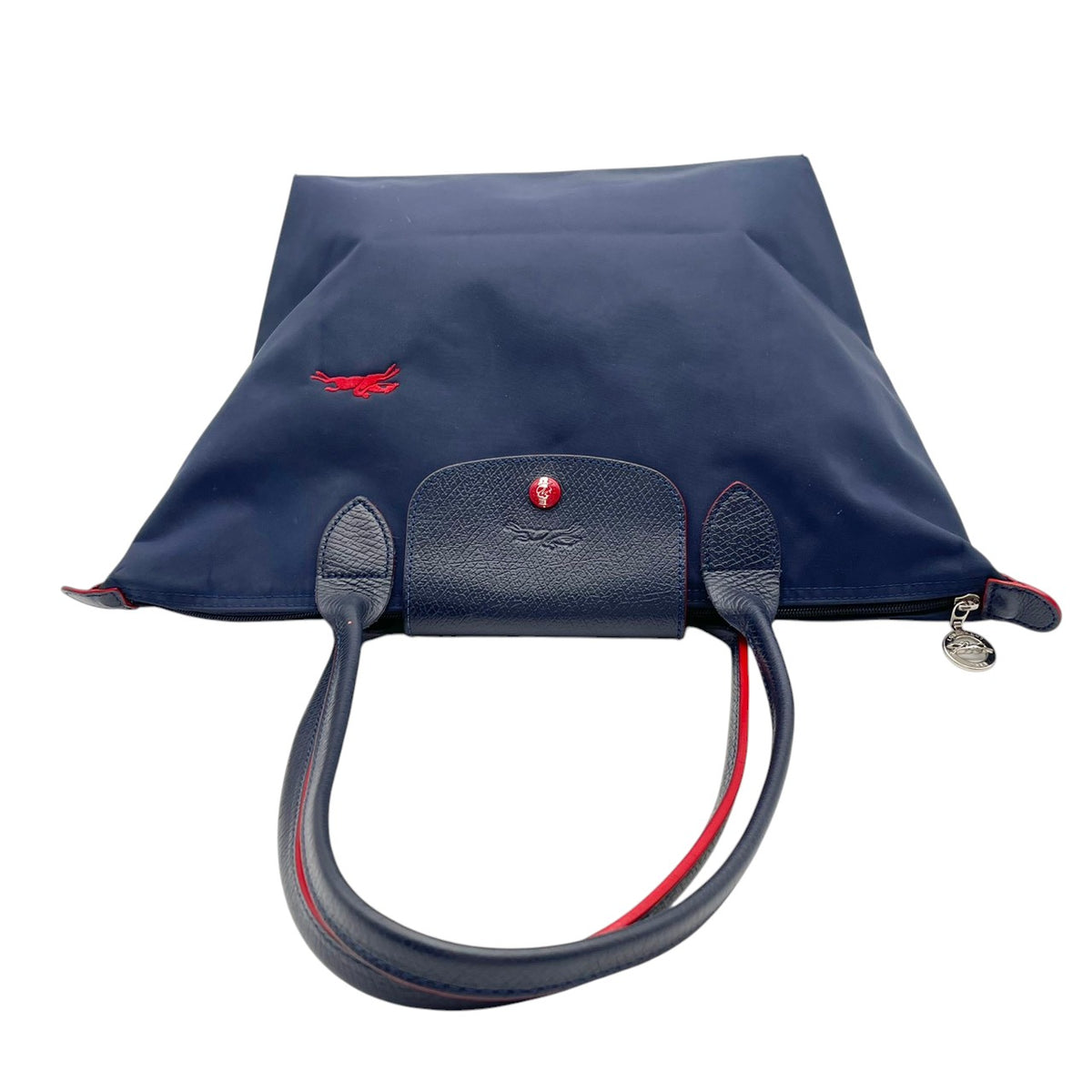良品 LONGCHAMP ロンシャン LE PLIAGE CLUB ル プリアージュ クラブ トートバッグ ネイビー ナイロン レザー レッド ホース刺繍 ロゴ 肩掛け ロングハンドル ファスナー 折りたたみ レディース S10