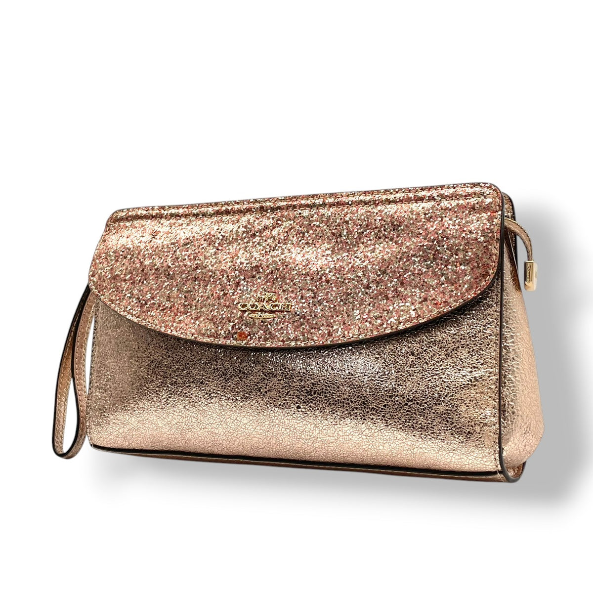 美品 COACH コーチ Flap Clutch フラップクラッチ クラッチバッグ ポーチ ピンクゴールド メタリック レザー グリッター ラメ ホース＆キャリッジ ロゴ ゴールド金具 リストレット ミニバッグ レディース S10