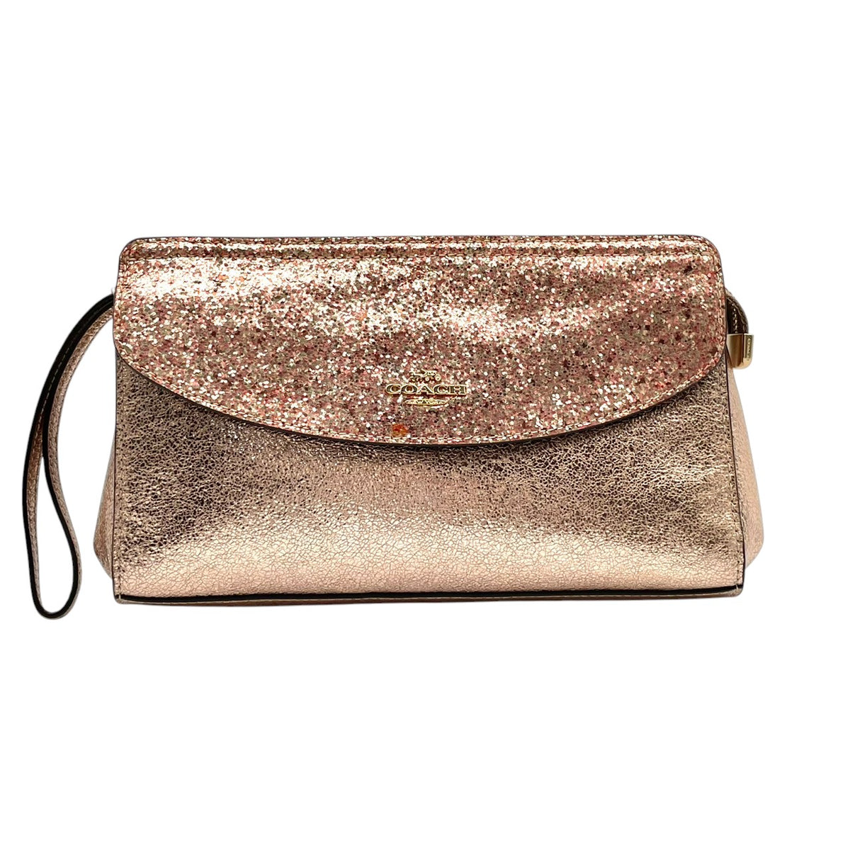 美品 COACH コーチ Flap Clutch フラップクラッチ クラッチバッグ ポーチ ピンクゴールド メタリック レザー グリッター ラメ ホース＆キャリッジ ロゴ ゴールド金具 リストレット ミニバッグ レディース S10