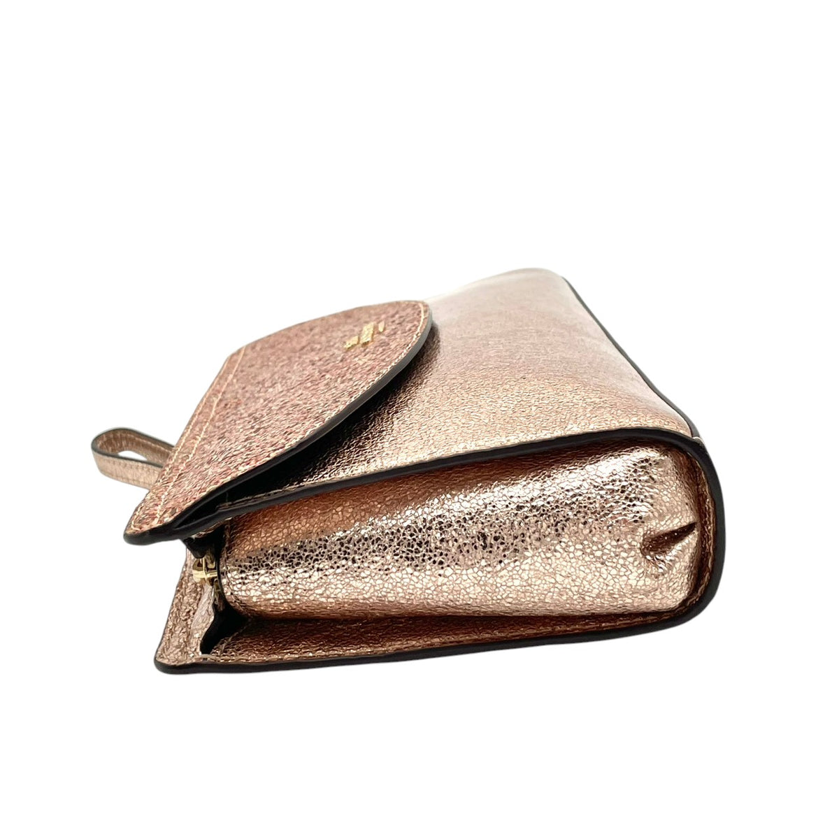 美品 COACH コーチ Flap Clutch フラップクラッチ クラッチバッグ ポーチ ピンクゴールド メタリック レザー グリッター ラメ ホース＆キャリッジ ロゴ ゴールド金具 リストレット ミニバッグ レディース S10