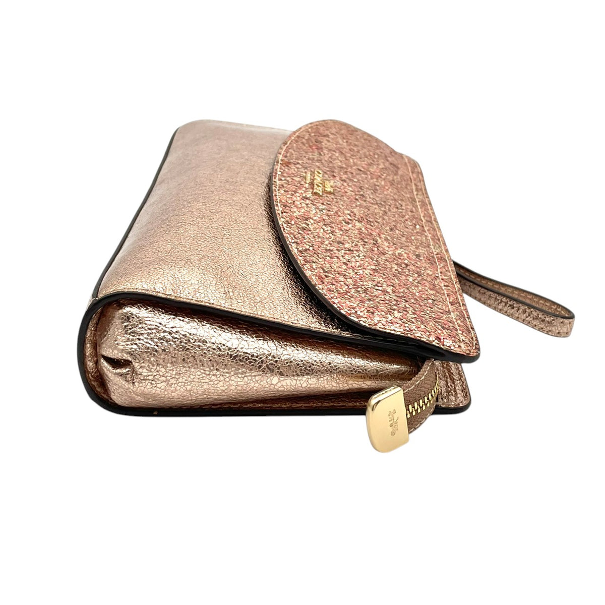 美品 COACH コーチ Flap Clutch フラップクラッチ クラッチバッグ ポーチ ピンクゴールド メタリック レザー グリッター ラメ ホース＆キャリッジ ロゴ ゴールド金具 リストレット ミニバッグ レディース S10