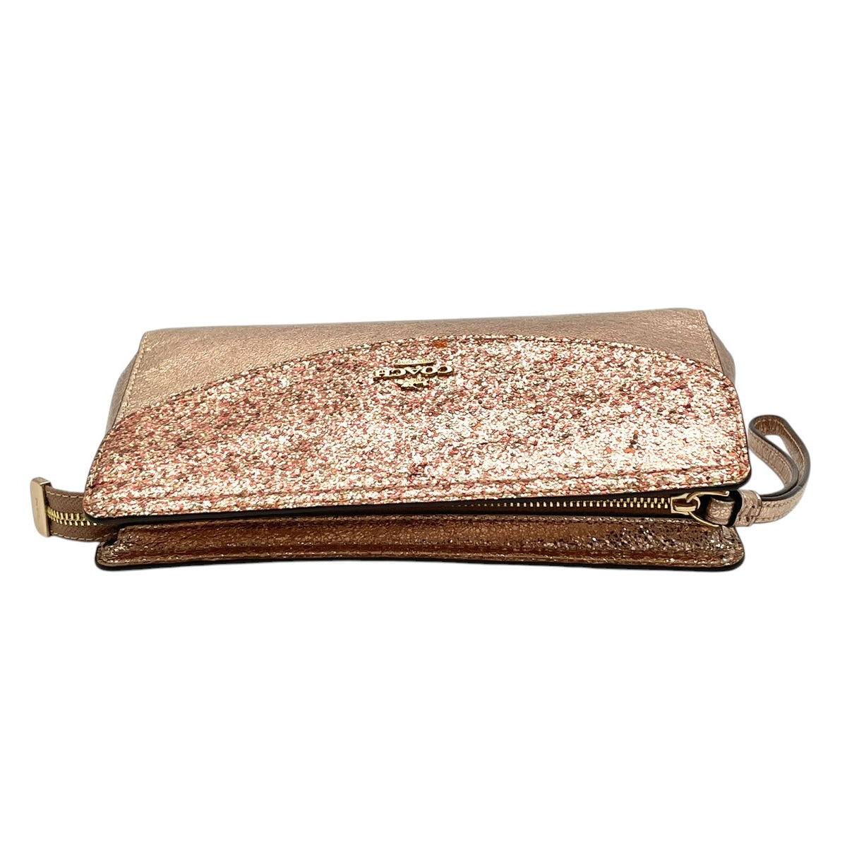 美品 COACH コーチ Flap Clutch フラップクラッチ クラッチバッグ ポーチ ピンクゴールド メタリック レザー グリッター ラメ ホース＆キャリッジ ロゴ ゴールド金具 リストレット ミニバッグ レディース S10