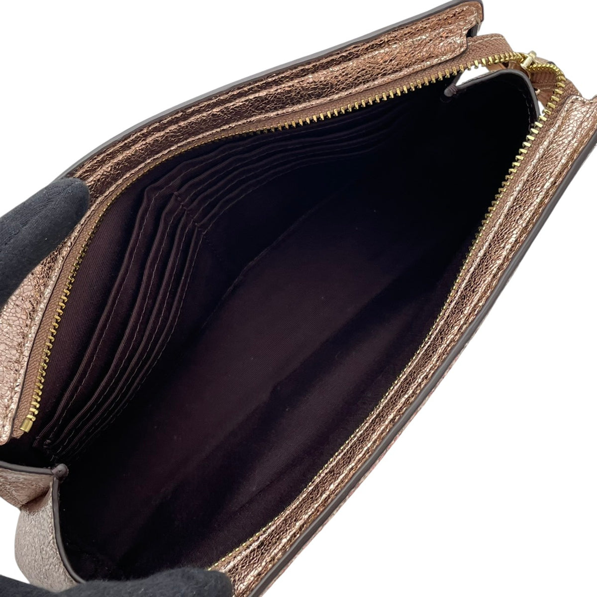美品 COACH コーチ Flap Clutch フラップクラッチ クラッチバッグ ポーチ ピンクゴールド メタリック レザー グリッター ラメ ホース＆キャリッジ ロゴ ゴールド金具 リストレット ミニバッグ レディース S10