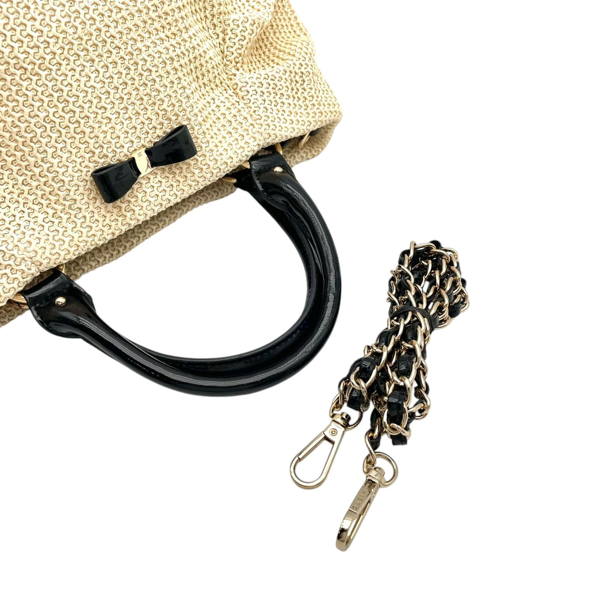 美品 ANTEPRIMA アンテプリマ RAFIA BOW ラフィア ボウ 2way ハンドバッグ ショルダーバッグ アイボリー ラフィア風素材 エナメル リボン チェーンショルダー ゴールド金具 ギャザー 斜め掛け レディース S10
