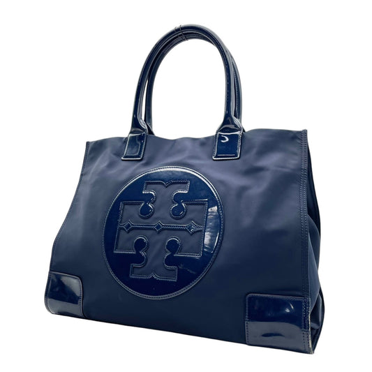 良品 TORY BURCH トリーバーチ Ella エラ ラージ トートバッグ ネイビー ナイロン パテント エナメル ダブルT ビッグロゴ ロゴパッチ ゴールド金具 ハンドバッグ ファスナー 肩掛け レディース 大きめ S10