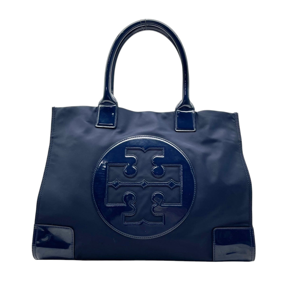 良品 TORY BURCH トリーバーチ Ella エラ ラージ トートバッグ ネイビー ナイロン パテント エナメル ダブルT ビッグロゴ ロゴパッチ ゴールド金具 ハンドバッグ ファスナー 肩掛け レディース 大きめ S10