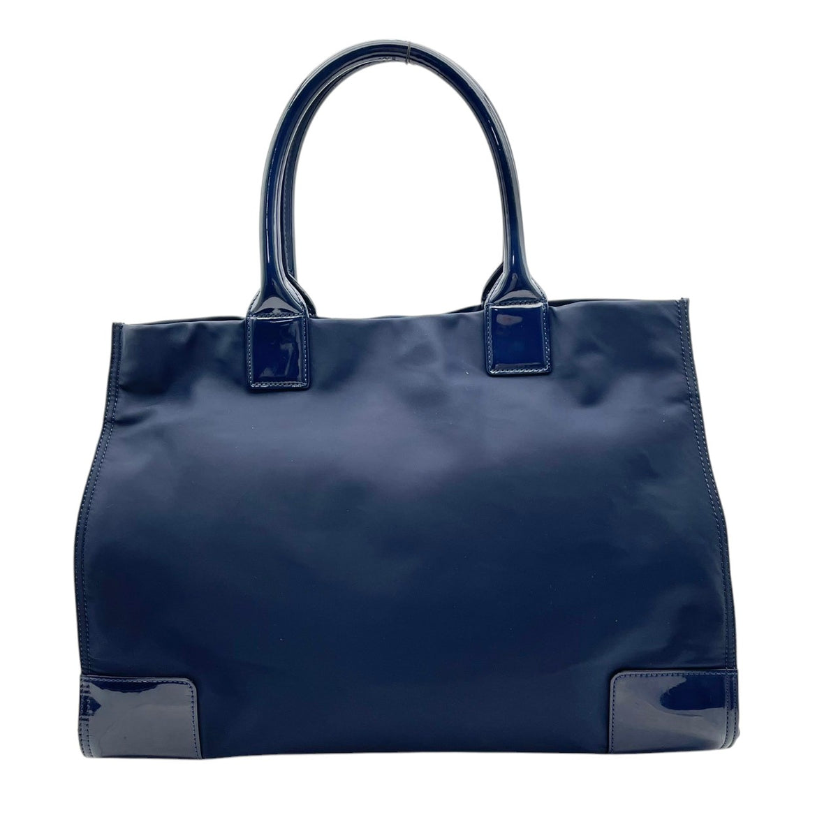 良品 TORY BURCH トリーバーチ Ella エラ ラージ トートバッグ ネイビー ナイロン パテント エナメル ダブルT ビッグロゴ ロゴパッチ ゴールド金具 ハンドバッグ ファスナー 肩掛け レディース 大きめ S10