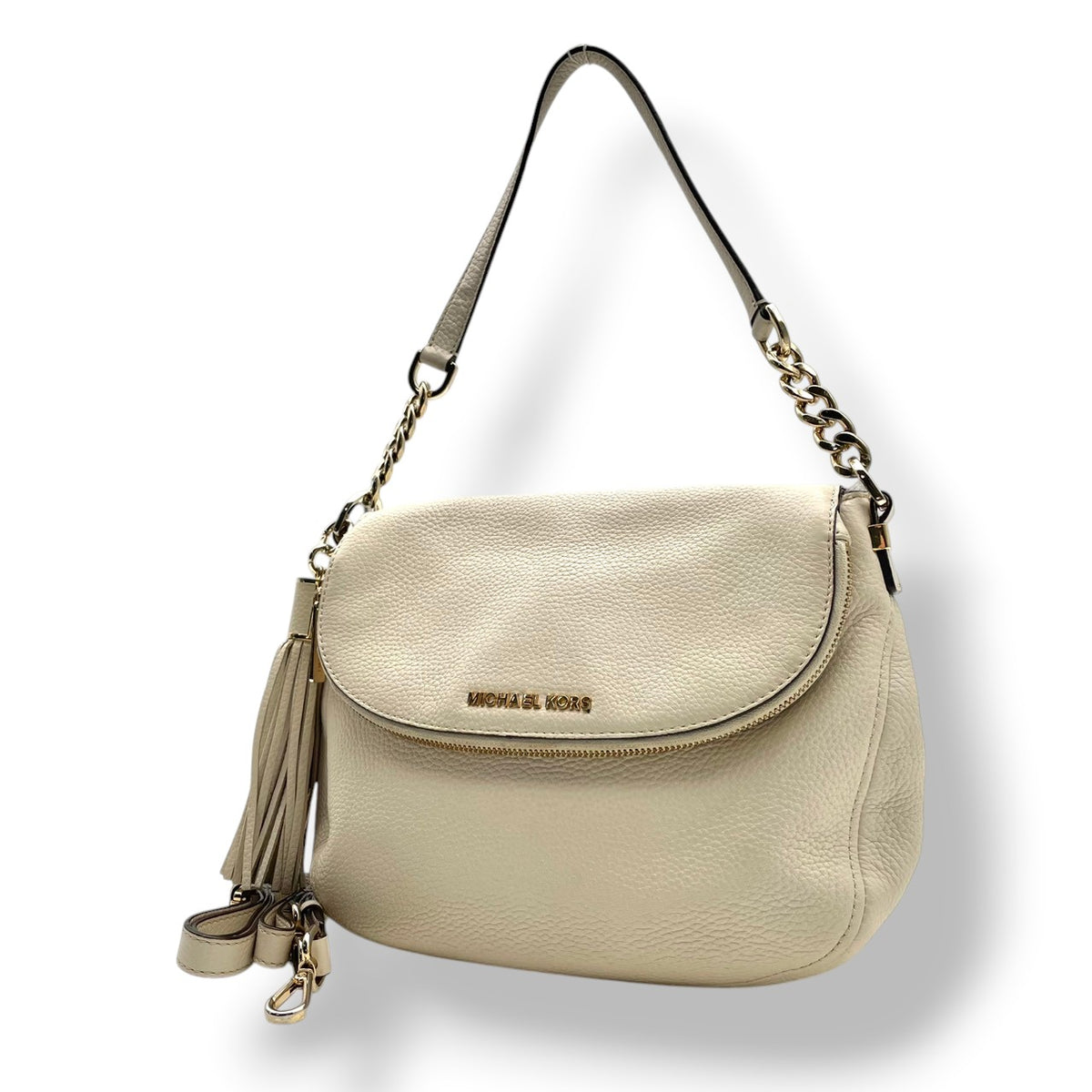 良品 MICHAEL KORS マイケルコース Bedford ベッドフォード 2way ショルダーバッグ アイボリー レザー ゴールド金具 チェーン ハンドバッグ 斜め掛け クロスボディ タッセルチャーム ロゴ フラップ レディース S60