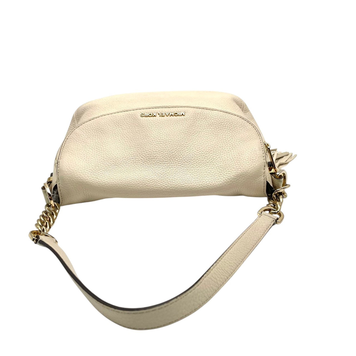 良品 MICHAEL KORS マイケルコース Bedford ベッドフォード 2way ショルダーバッグ アイボリー レザー ゴールド金具 チェーン ハンドバッグ 斜め掛け クロスボディ タッセルチャーム ロゴ フラップ レディース S60