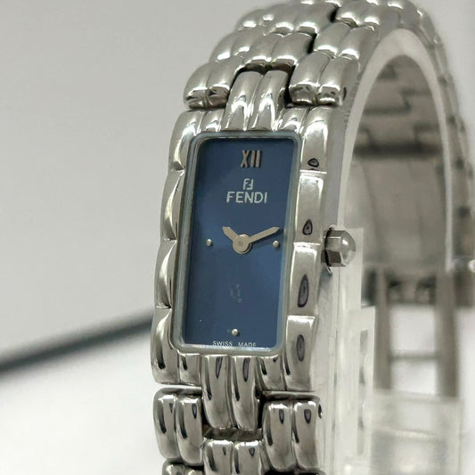 Authentic FENDI 660L Ladies Watch Quartz Navy Dial Rectangular SS Elegant VG