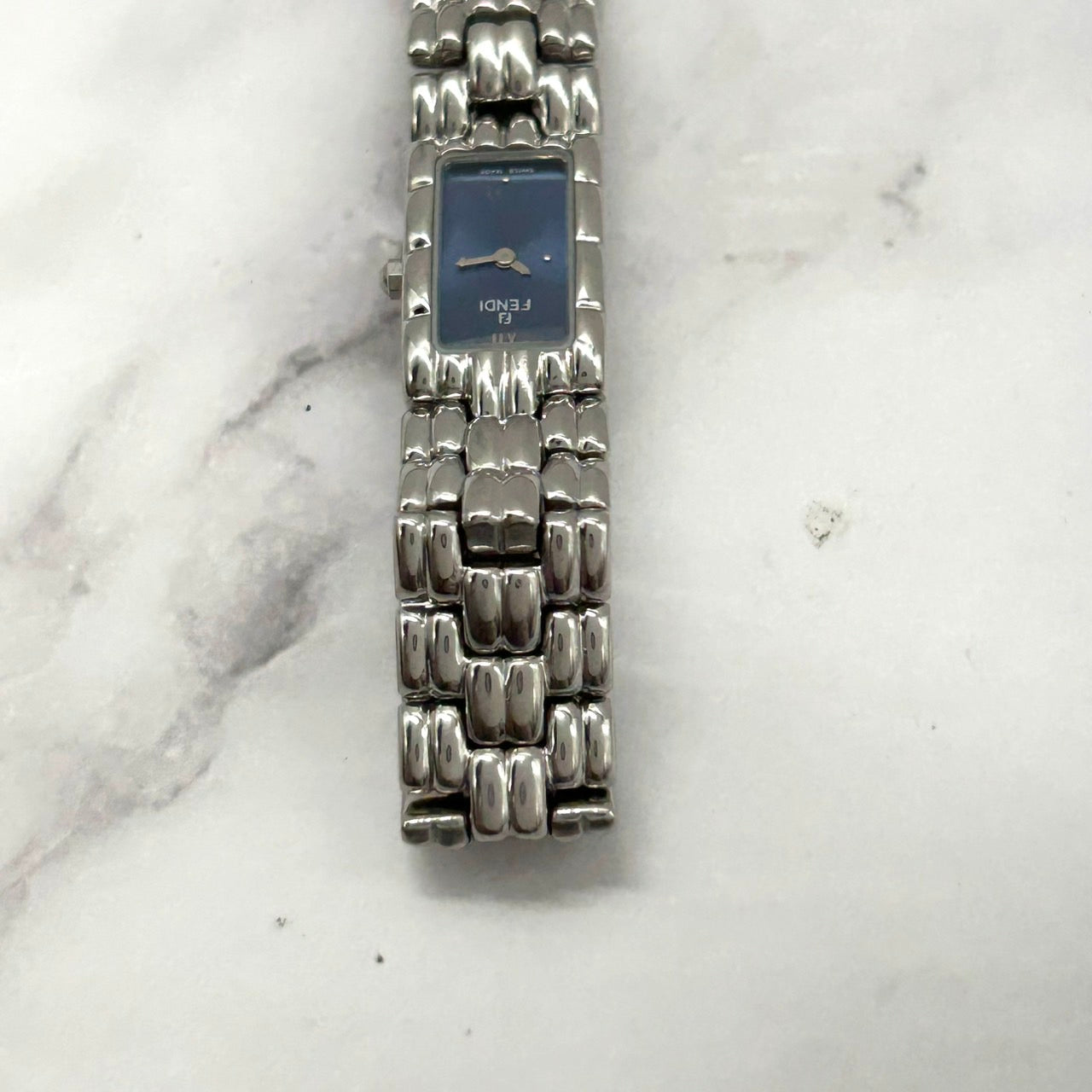 Authentic FENDI 660L Ladies Watch Quartz Navy Dial Rectangular SS Elegant VG