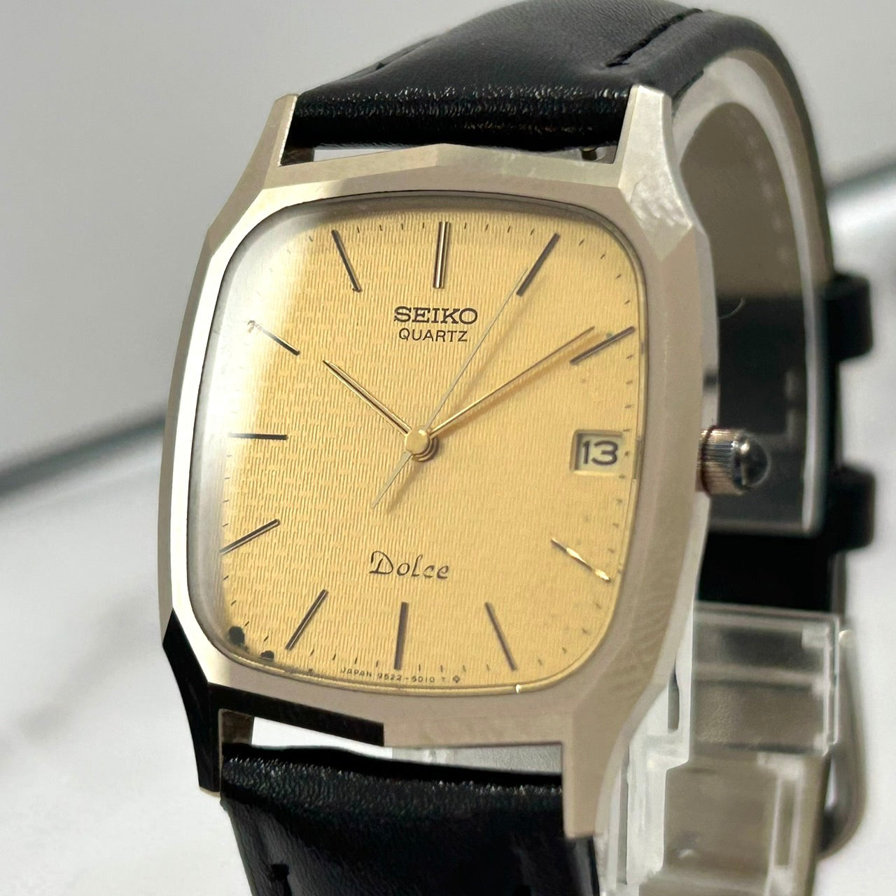 Authentic SEIKO Dolce 9522-5010 Mens Watch Gold Dial Silver Quartz Date Tonneau