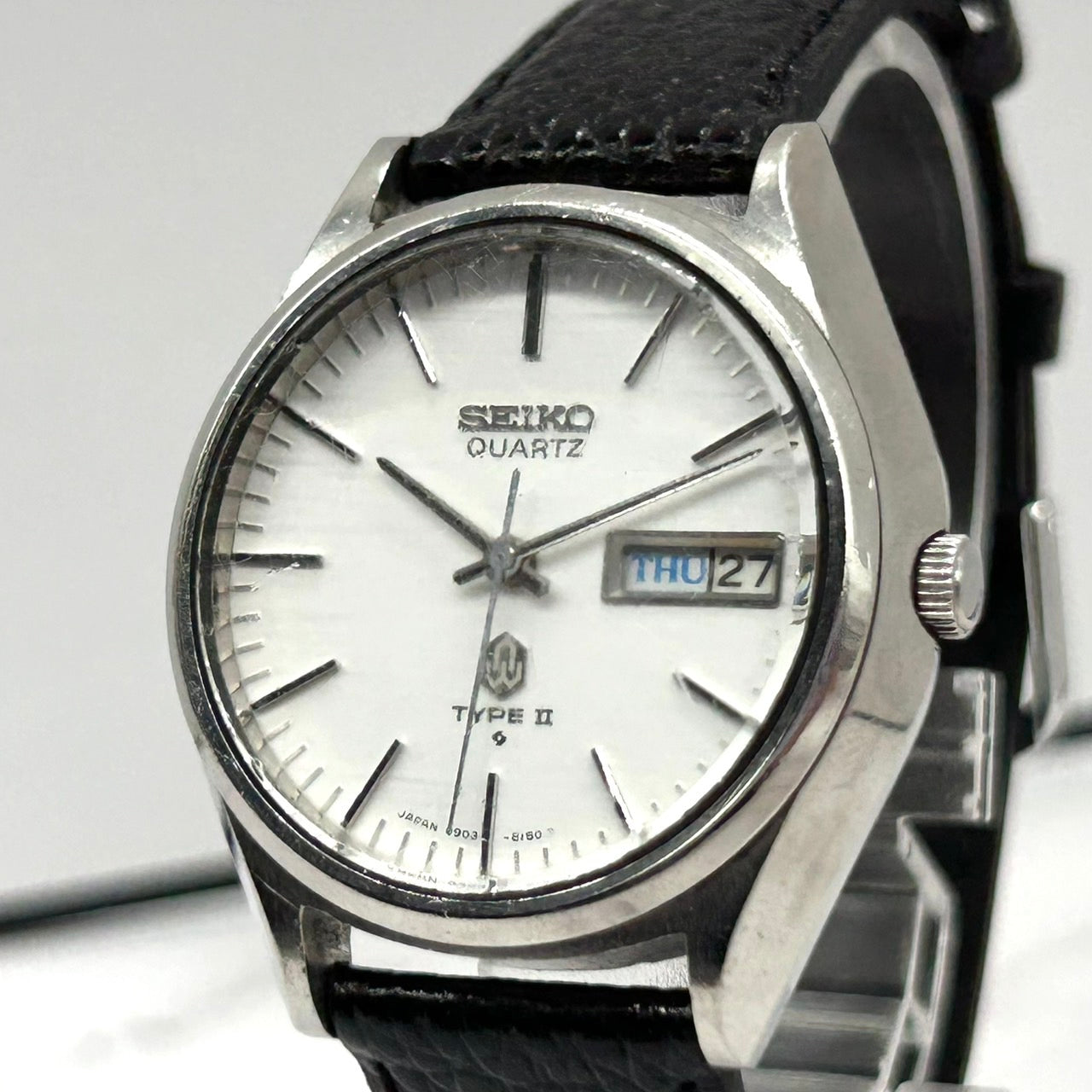 Authentic SEIKO TYPE II 0903-8110 Mens Watch White Dial Silver Quartz DayDate