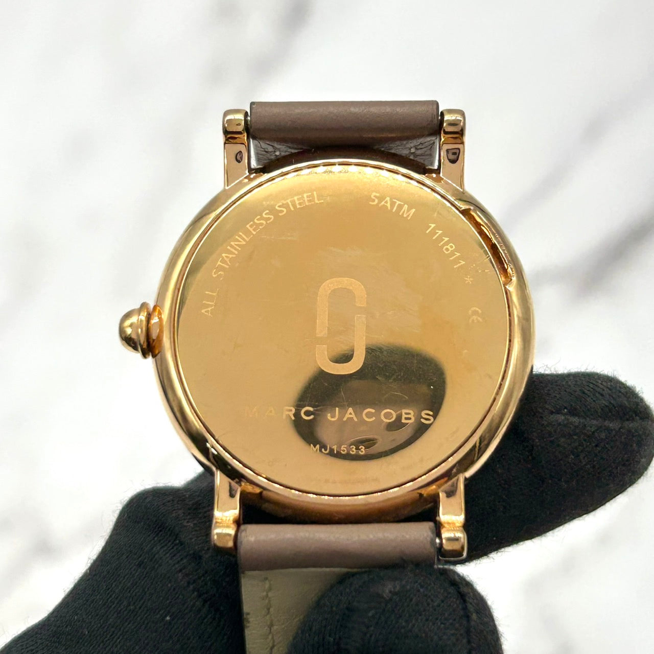 Authentic MARC JACOBS MJ1533 Watch Quartz White Dial Gold Case Brown Leather