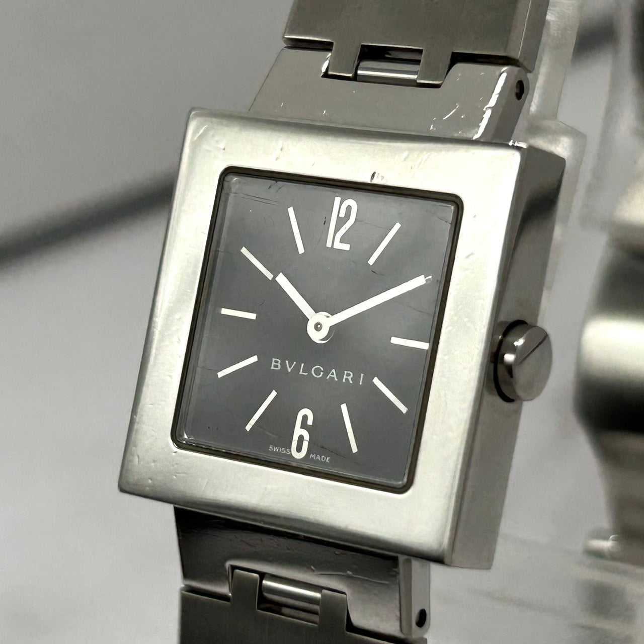 Authentic BVLGARI Quadrato SQ22SS Watch Black Dial Square Ladies Unisex Quartz