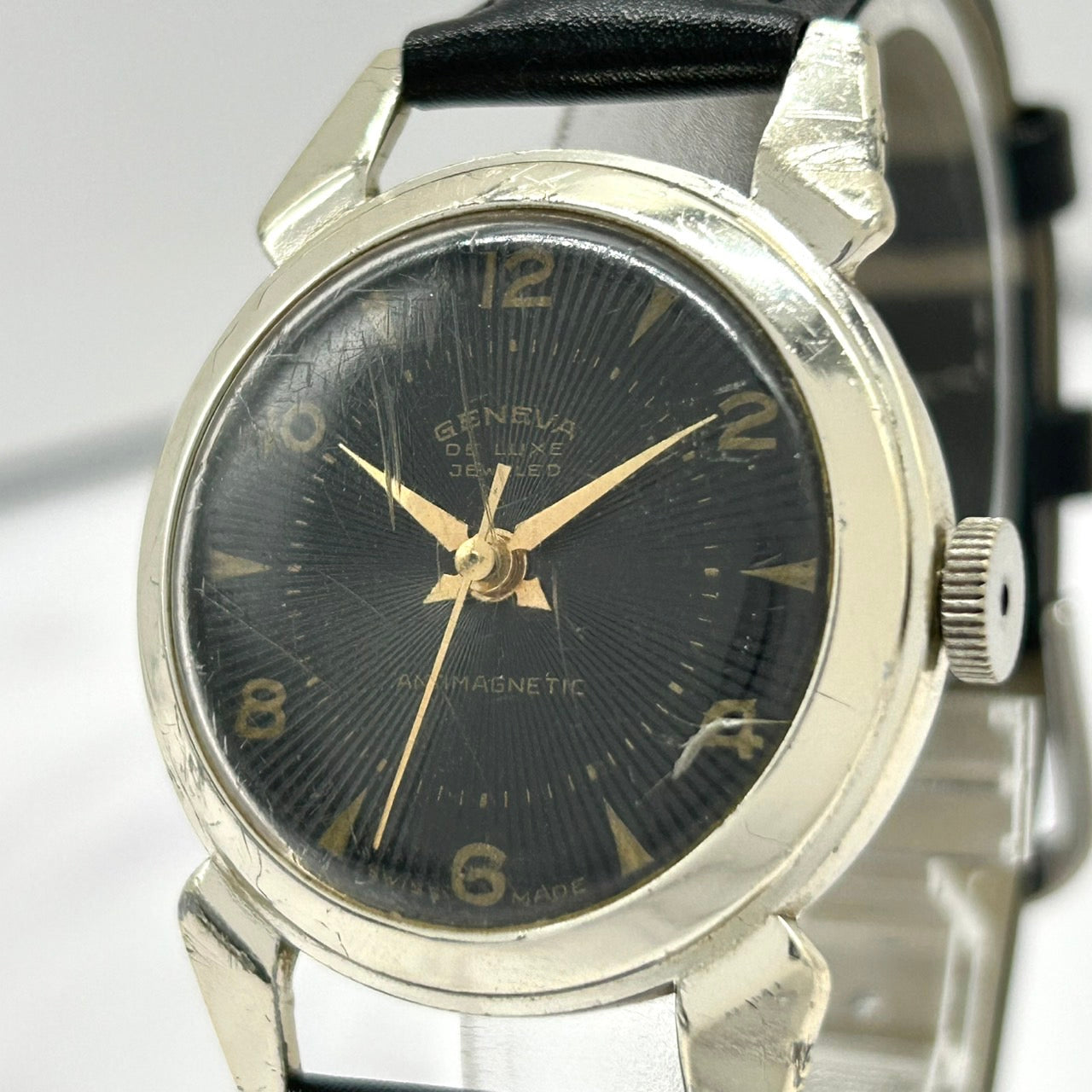 【稼働品】GENEVA DE LUXE JEWELED ジュネーブ 腕時計 メンズ 手巻き アナログ ヴィンテージ アンティーク クラシックウォッチ スイス製 ブラックダイヤル ANTIMAGNETIC 希少 レア クリーニング済み おしゃれ ファッション G5