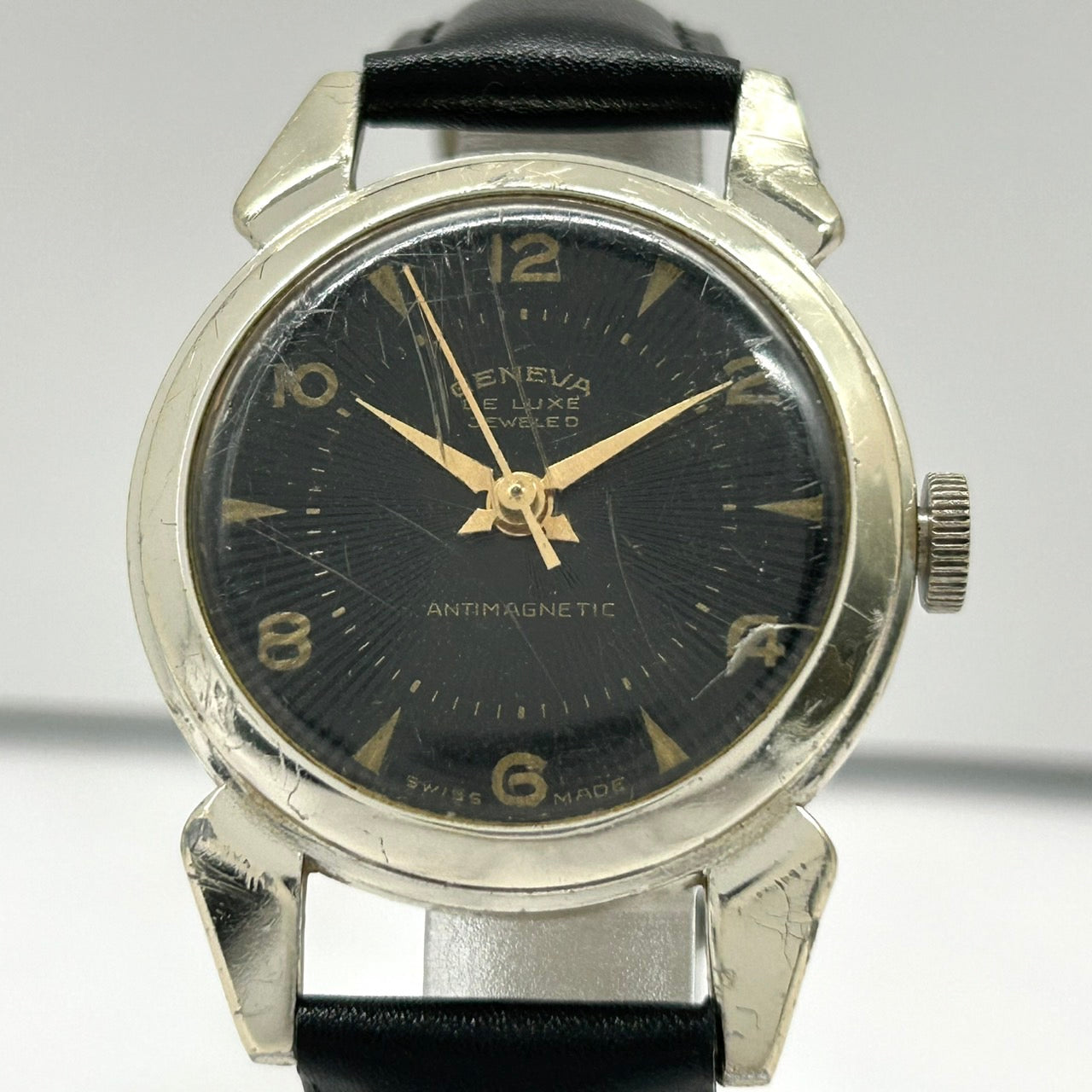 【稼働品】GENEVA DE LUXE JEWELED ジュネーブ 腕時計 メンズ 手巻き アナログ ヴィンテージ アンティーク クラシックウォッチ スイス製 ブラックダイヤル ANTIMAGNETIC 希少 レア クリーニング済み おしゃれ ファッション G5