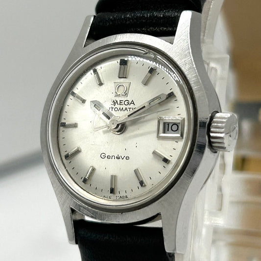 【稼働品/デッドストック】OMEGA オメガ Geneve ジュネーブ レディース 腕時計 自動巻き オートマチック デイト付 シルバー文字盤 ヴィンテージ アンティーク クラシック エレガント スイス製 クリーニング済み G5