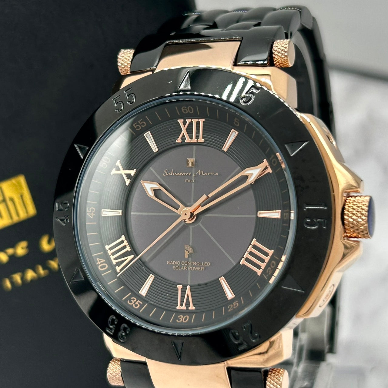 Authentic Salvatore Marra SM18112-1 Radio Solar Black Gold Men's Watch w/Box
