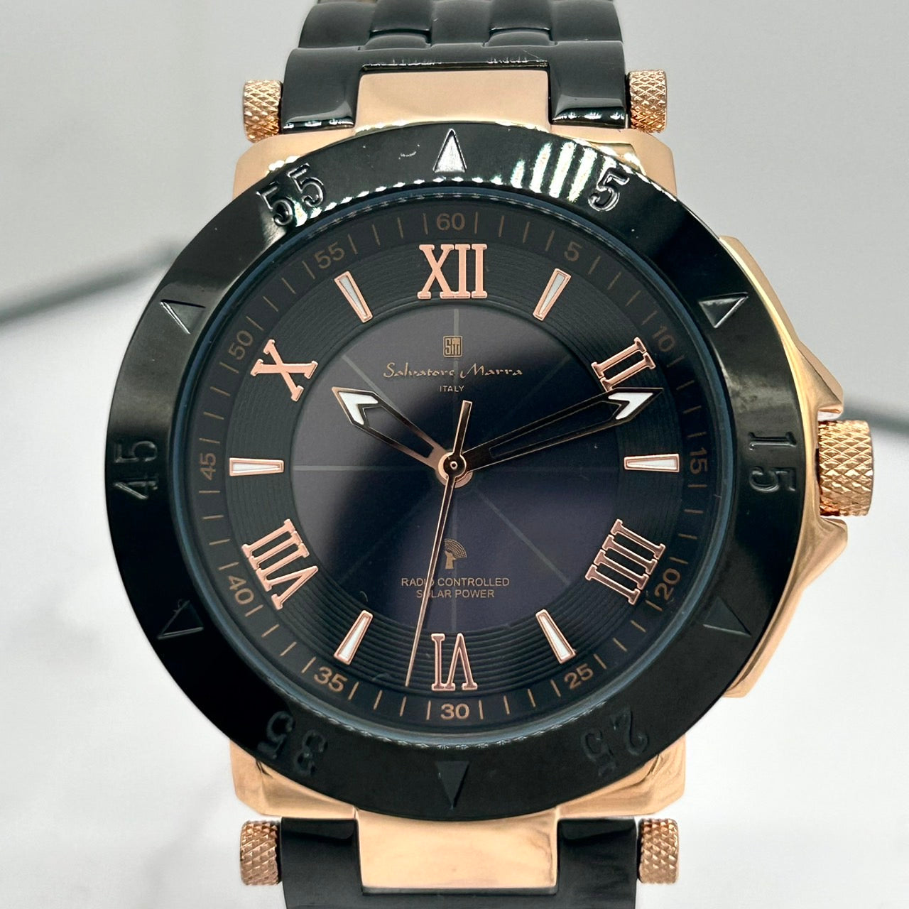 Authentic Salvatore Marra SM18112-1 Radio Solar Black Gold Men's Watch w/Box