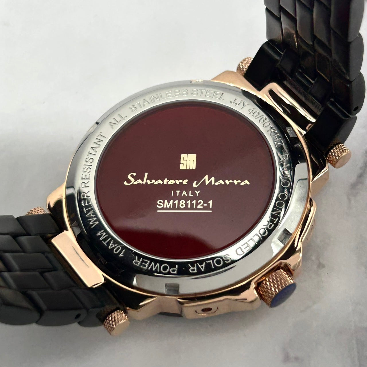 Authentic Salvatore Marra SM18112-1 Radio Solar Black Gold Men's Watch w/Box